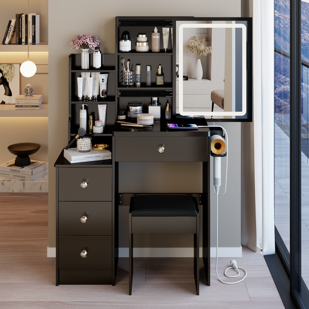 29.2' Small Size Left Bedside Cabinet Vanity Table + Cushioned Stool, 2 AC+2 USB Power Station, Hair dryer bracket, Extra Large Touch Control Sliding LED Mirror, Tri-color Switching, Brightness Adjust - Grand Goldman Shop