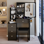 29.2' Small Size Left Bedside Cabinet Vanity Table + Cushioned Stool, 2 AC+2 USB Power Station, Hair dryer bracket, Extra Large Touch Control Sliding LED Mirror, Tri-color Switching, Brightness Adjust - Grand Goldman Shop