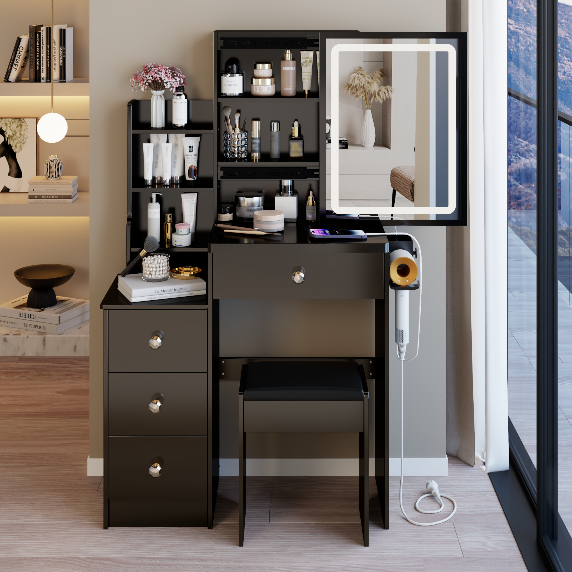 29.2' Small Size Left Bedside Cabinet Vanity Table + Cushioned Stool, 2 AC+2 USB Power Station, Hair dryer bracket, Extra Large Touch Control Sliding LED Mirror, Tri-color Switching, Brightness Adjust - Grand Goldman Shop
