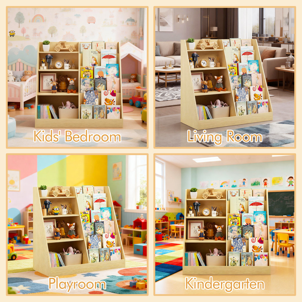 Kids Bookshelf and Toy Storage Organizer, Multifunctional 4 Tier Wooden Kids Book Shelf with  Bookcase Display Stand in Kids 
