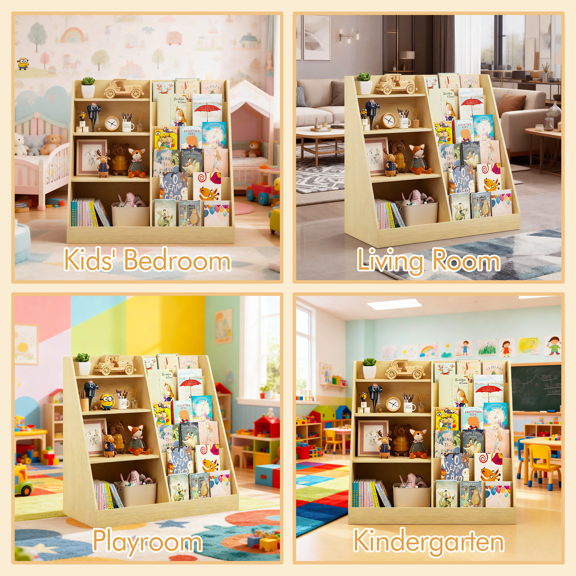 Kids Bookshelf and Toy Storage Organizer, Multifunctional 4 Tier Wooden Kids Book Shelf with  Bookcase Display Stand in Kids 