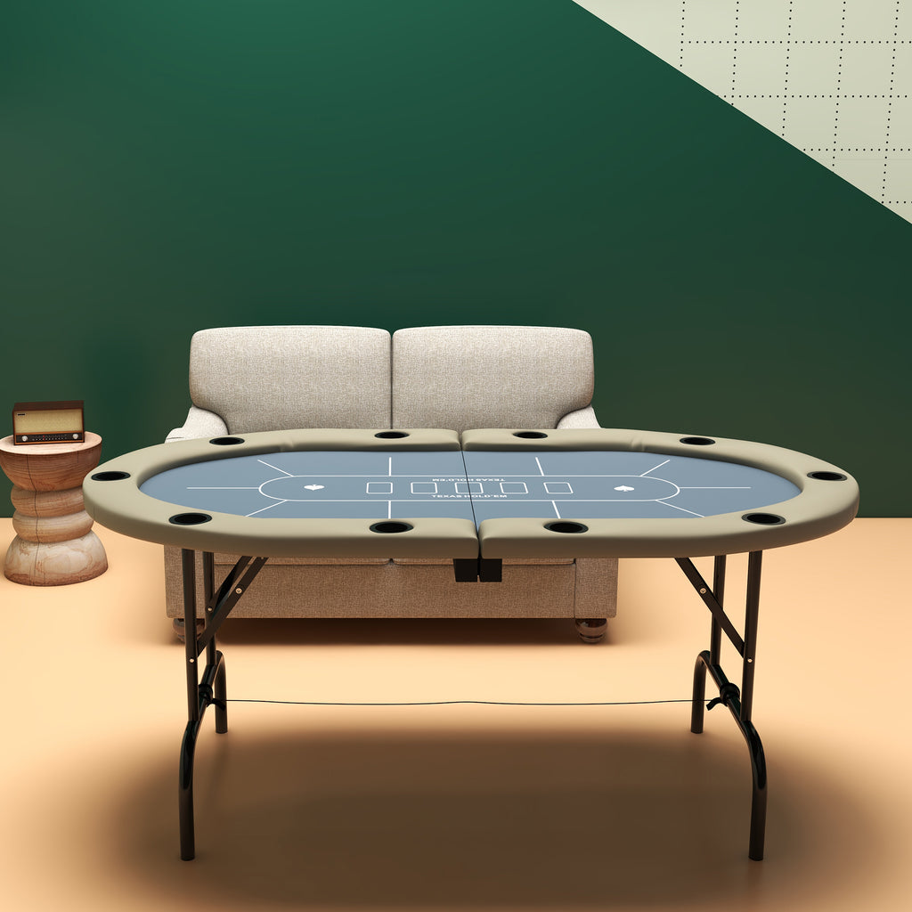 Soozier Poker Table Foldable, 70' Oval Blackjack Casino Texas Holdem Poker Game Table for 10 Players with Cup Holders, Blue a