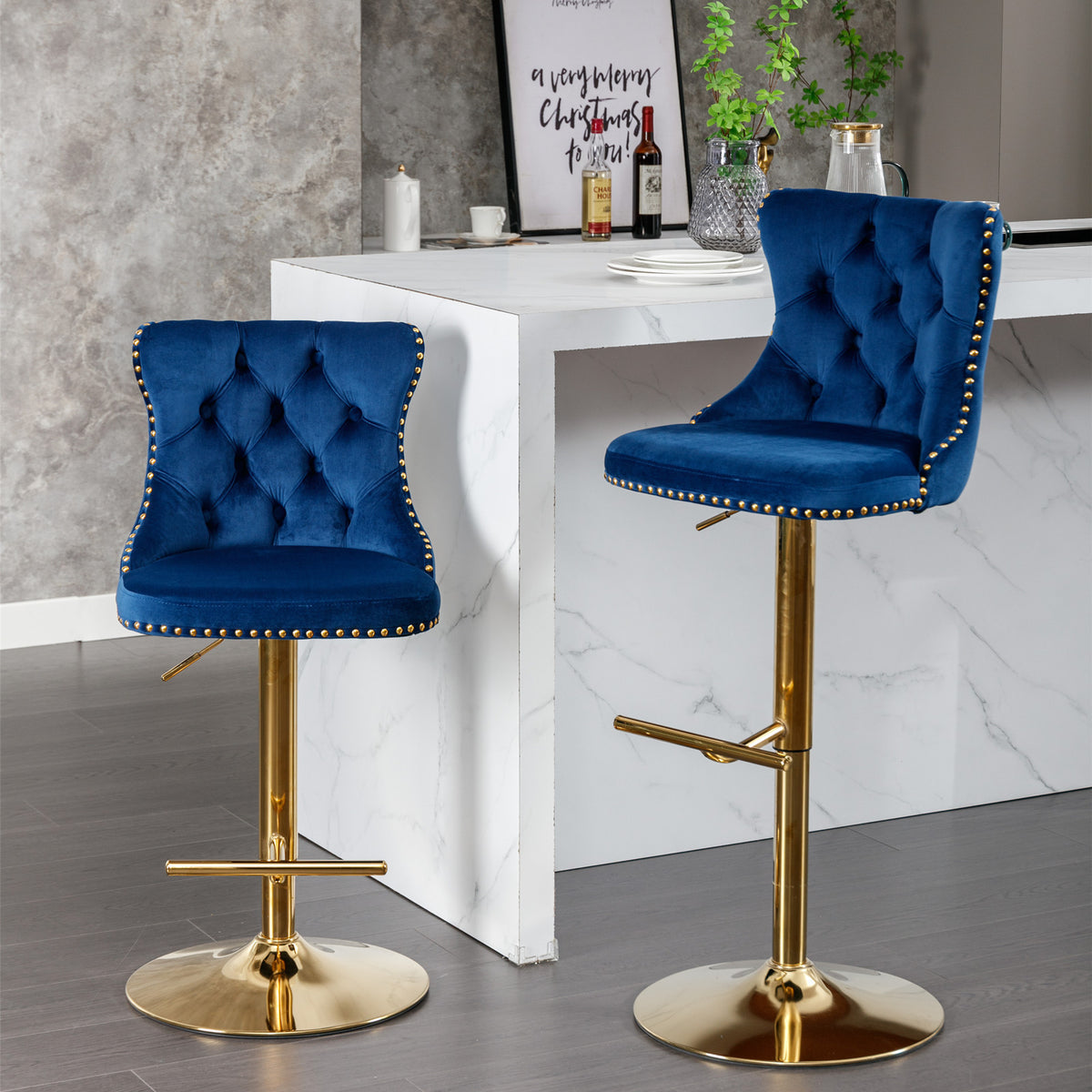 A&A Furniture,Golden Swivel Velvet Barstools Adjusatble Seat Height from 25-33 Inch, Modern Upholstered Bar Stools with Backs Comfortable Tufted for Home Pub and Kitchen Island,Blue,Set of 2 - Grand Goldman Shop