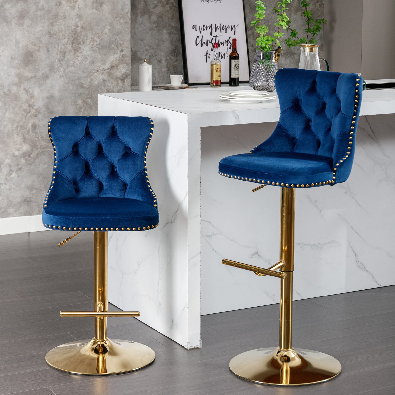 A&A Furniture,Golden Swivel Velvet Barstools Adjusatble Seat Height from 25-33 Inch, Modern Upholstered Bar Stools with Backs Comfortable Tufted for Home Pub and Kitchen Island,Blue,Set of 2 - Grand Goldman Shop