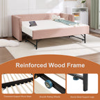 Pink velvet daybed, sturdy wooden bed frame, modern diamond grid pull-out design, perfect for bedroom, living room furniture - Grand Goldman Shop