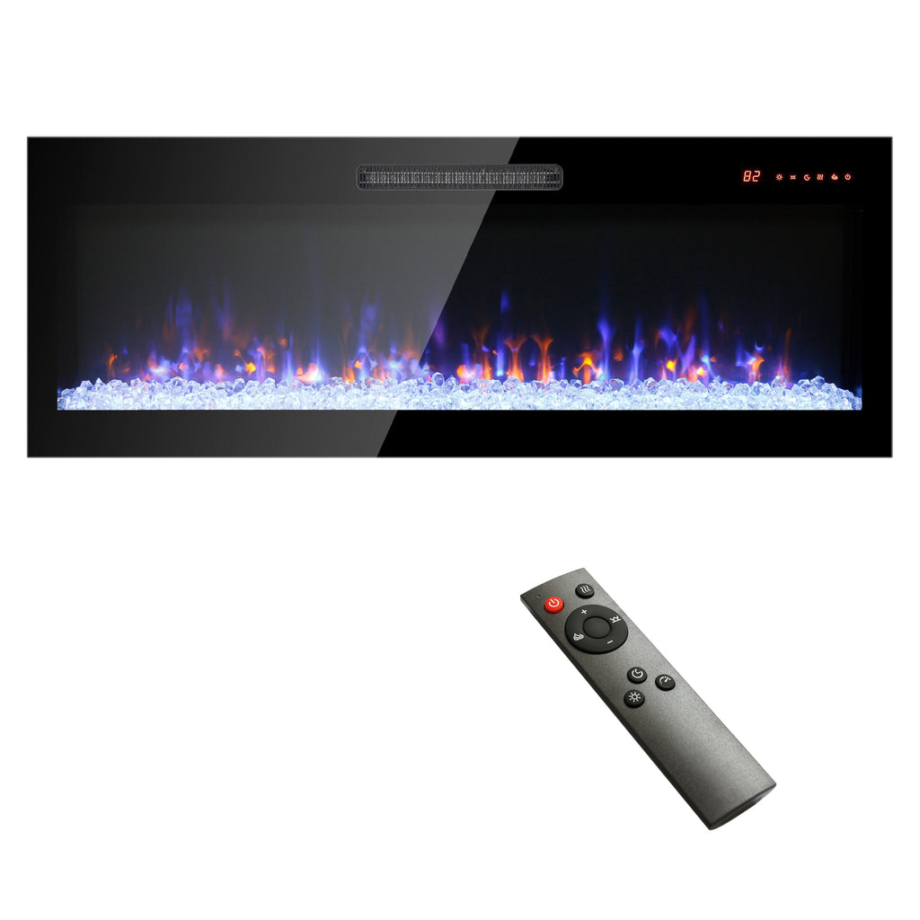 50 inch recessed ultra thin tempered glass front wall mounted electric fireplace with remote and multi color flame & emberbed, LED light heater - Grand Goldman Shop