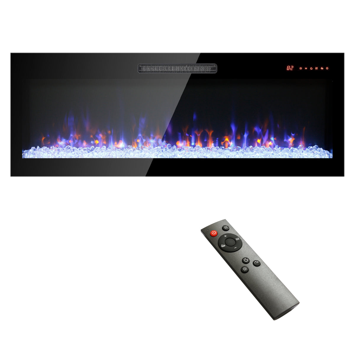 50 inch recessed ultra thin tempered glass front wall mounted electric fireplace with remote and multi color flame & emberbed, LED light heater - Grand Goldman Shop