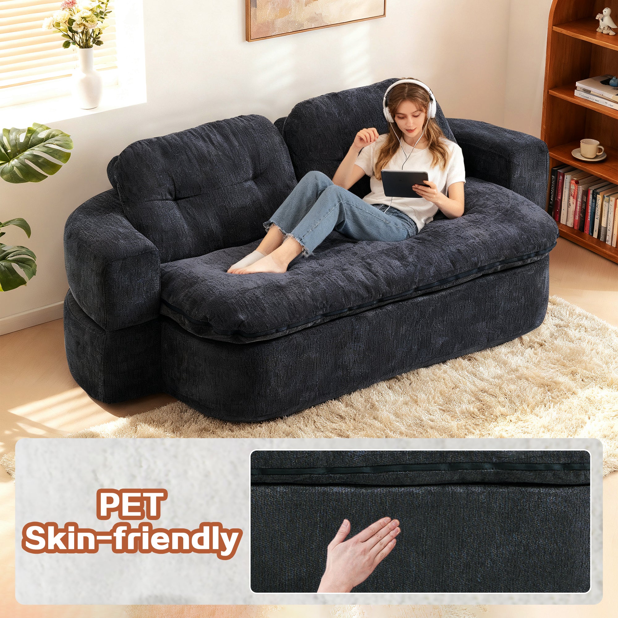 Modern Floor Sofa with 2 Pillows,Convertible Corduroy Fabric Foam-Filled Sleeper Sofa Bed, no assembly required,Convertible Sofa Cushion Unfolds into Quilt,Folding Mattress for Living Room,Playroom - Grand Goldman Shop