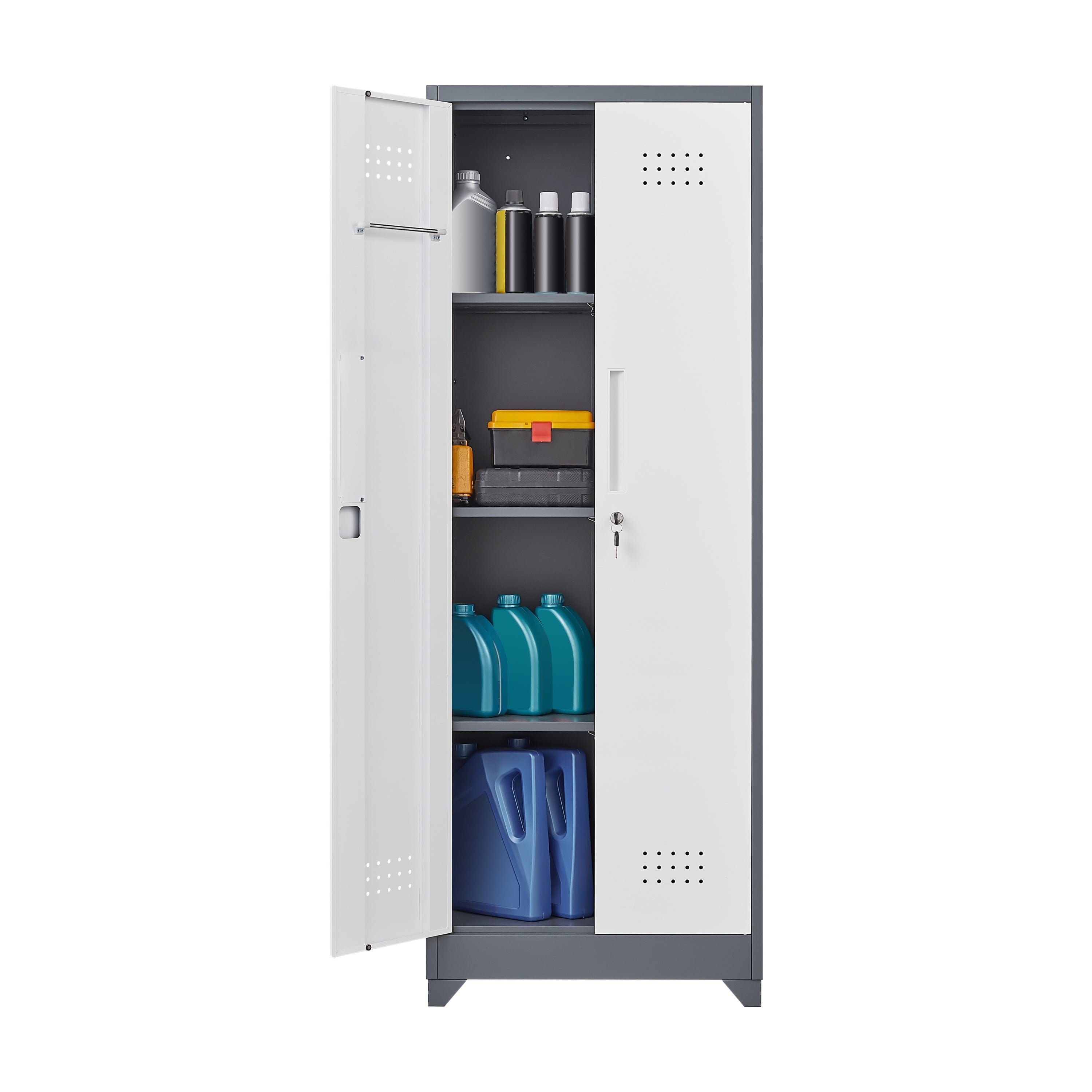 Heavy Duty Grey Metal Storage Cabinet with Locking Doors, Hanging Rod & Shelves, 65' H Broom Closet for Garage or Basement - 