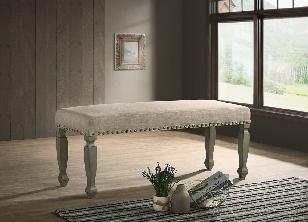 Breda Antique Gray Finish Upholstered Nailhead Bench - Grand Goldman Shop