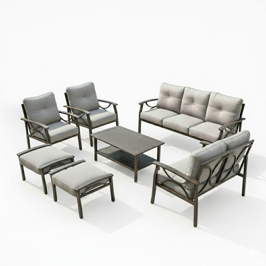 7-teiliges Allwetter-Gartenmöbel-Set aus Metall mit 10 cm dicken grauen Kissen, khakifarbenem Stahlrahmen, Couchtisch und Ottomanen für Garten oder Veranda