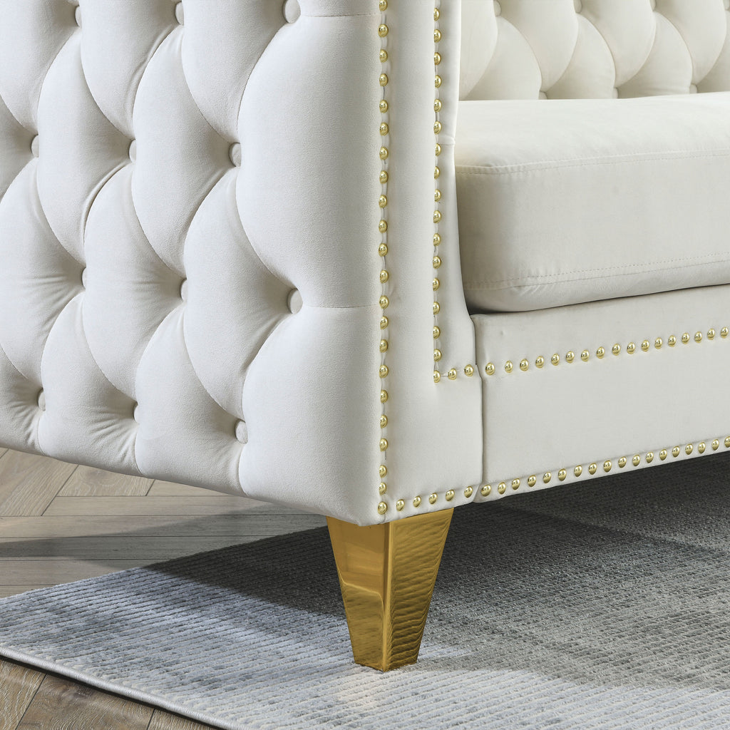 Modern Velvet Sofa with Button Tufting and Metal Legs, Beige Upholstered Couch for Living Room or Bedroom, 3-Seater, W834S00023 - Grand Goldman Shop