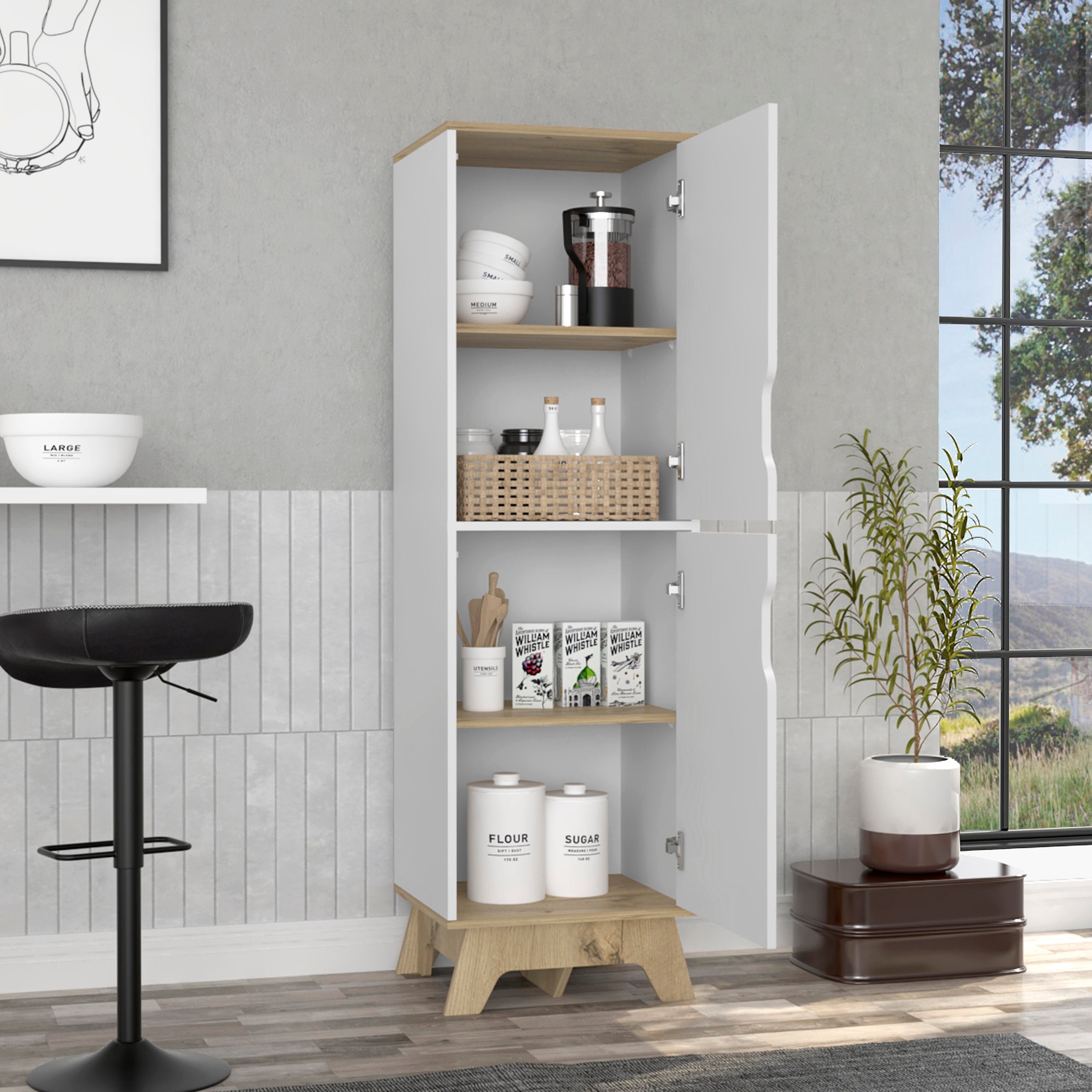 Pamplona Microwave Tall Cabinet Counter Surface, Top And Lower Double Doors Cabinets -Light Oak / White - Grand Goldman