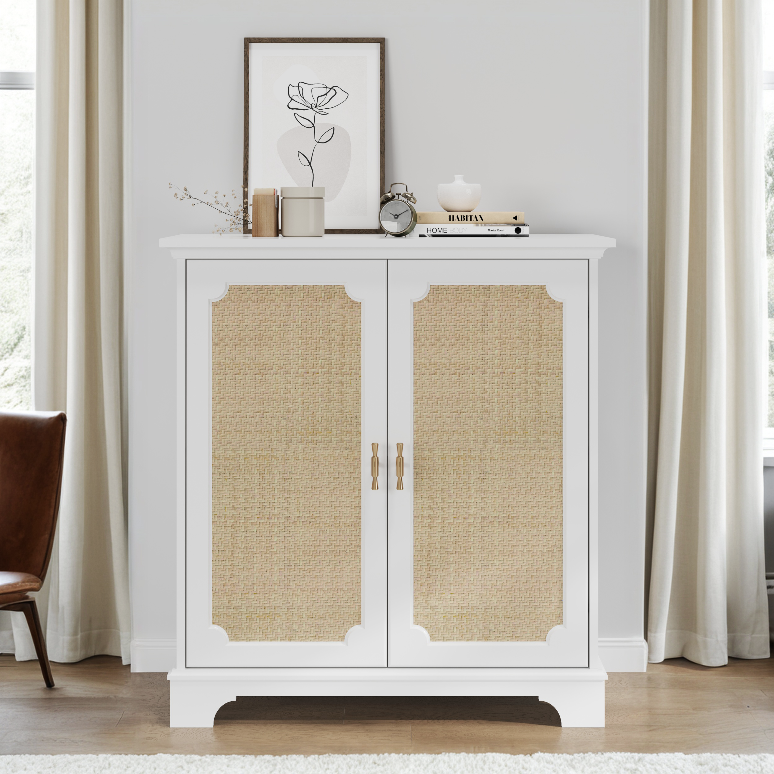 Rattan Decorated Sideboard Buffet Storage Liquor Cabinet, White Particle Board & MDF, 31.10 x 14.96 x 34.25 inches - Grand Goldman Shop