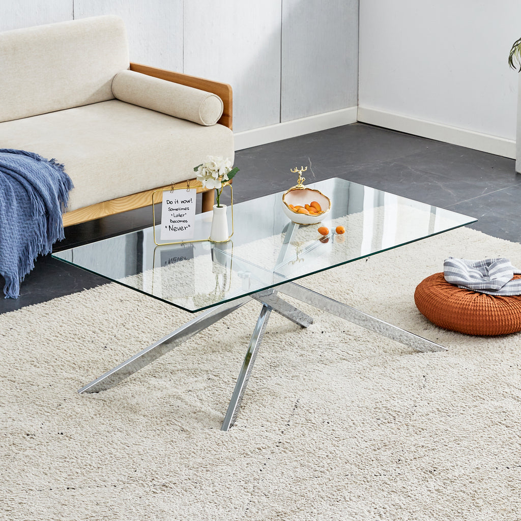 39.37' Rectangular Clear Tempered Glass Coffee Table,Stylish Design with Silver Chrome Plated Metal Legs, Coffee Table for Living Room - Grand Goldman Shop