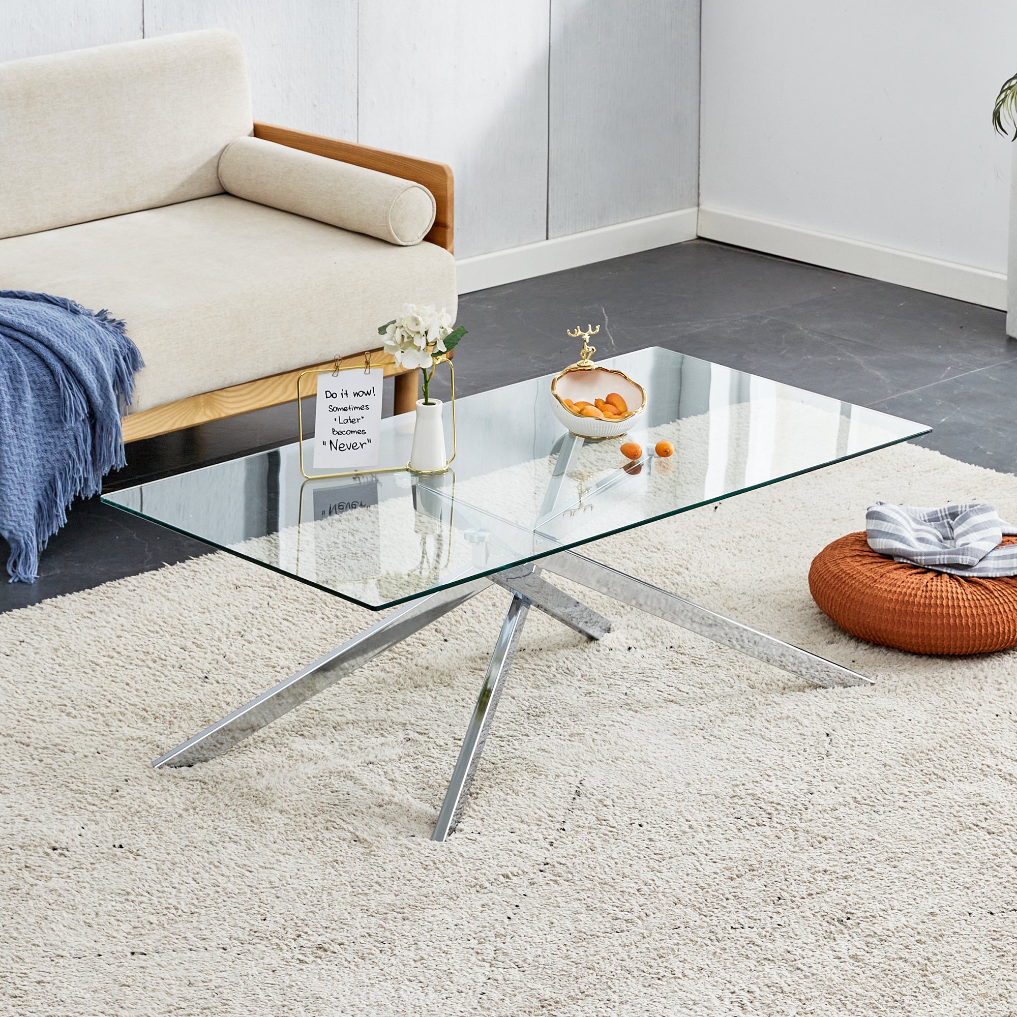 39.37' Rectangular Clear Tempered Glass Coffee Table,Stylish Design with Silver Chrome Plated Metal Legs, Coffee Table for Living Room - Grand Goldman Shop