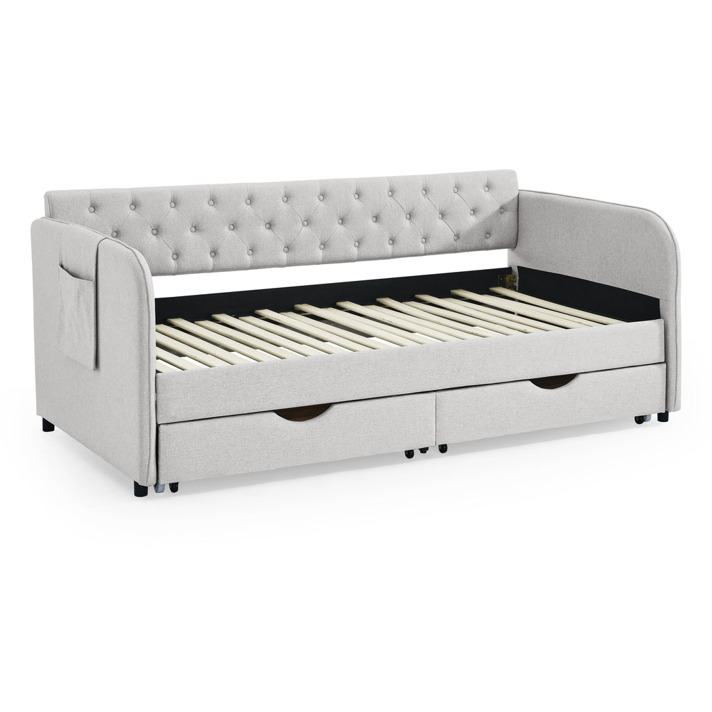 Linen Beige Twin Size Upholstered Daybed with Trundle and Storage Drawers, Flat Arms with Pocket, Extendable for Bedroom or Living Room - Grand Goldman Shop