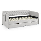 Linen Beige Twin Size Upholstered Daybed with Trundle and Storage Drawers, Flat Arms with Pocket, Extendable for Bedroom or Living Room - Grand Goldman Shop
