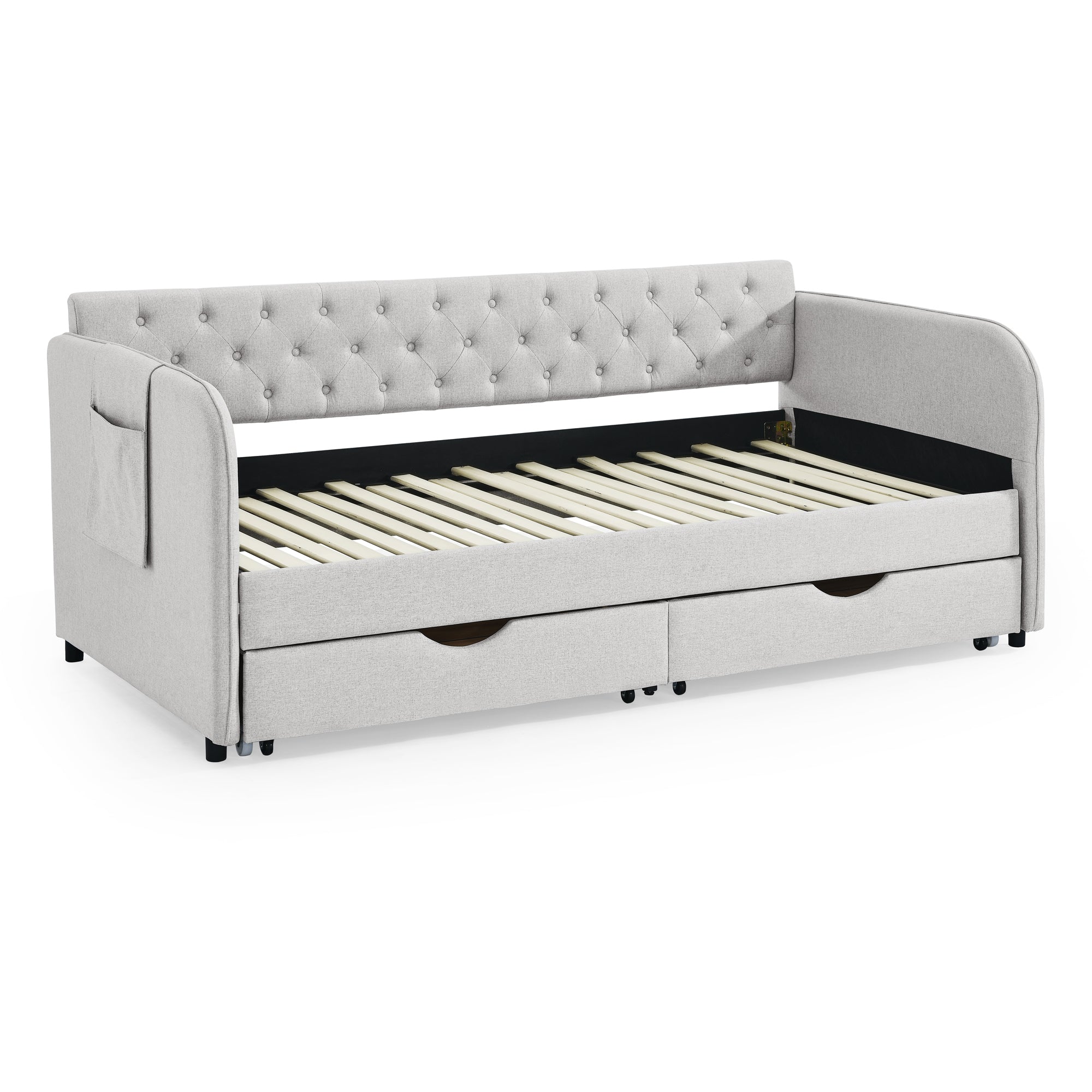 Linen Beige Twin Size Upholstered Daybed with Trundle and Storage Drawers, Flat Arms with Pocket, Extendable for Bedroom or Living Room - Grand Goldman Shop