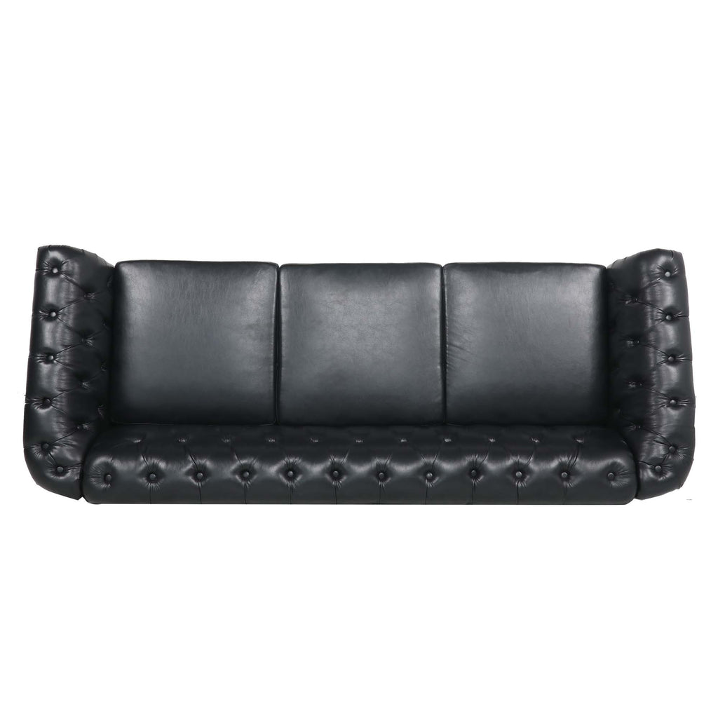84.65' BLACK PU Rolled Arm Chesterfield Three Seater Sofa. - Grand Goldman Shop