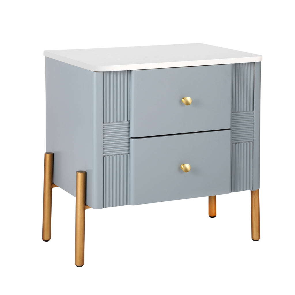 Modern Nightstand with 2 Storage Drawer, Fluted Bedside Table with Golden Metal Handles and Legs, End Table for Living Room and Bedroom, Easy Assembly, Blue - Grand Goldman Shop