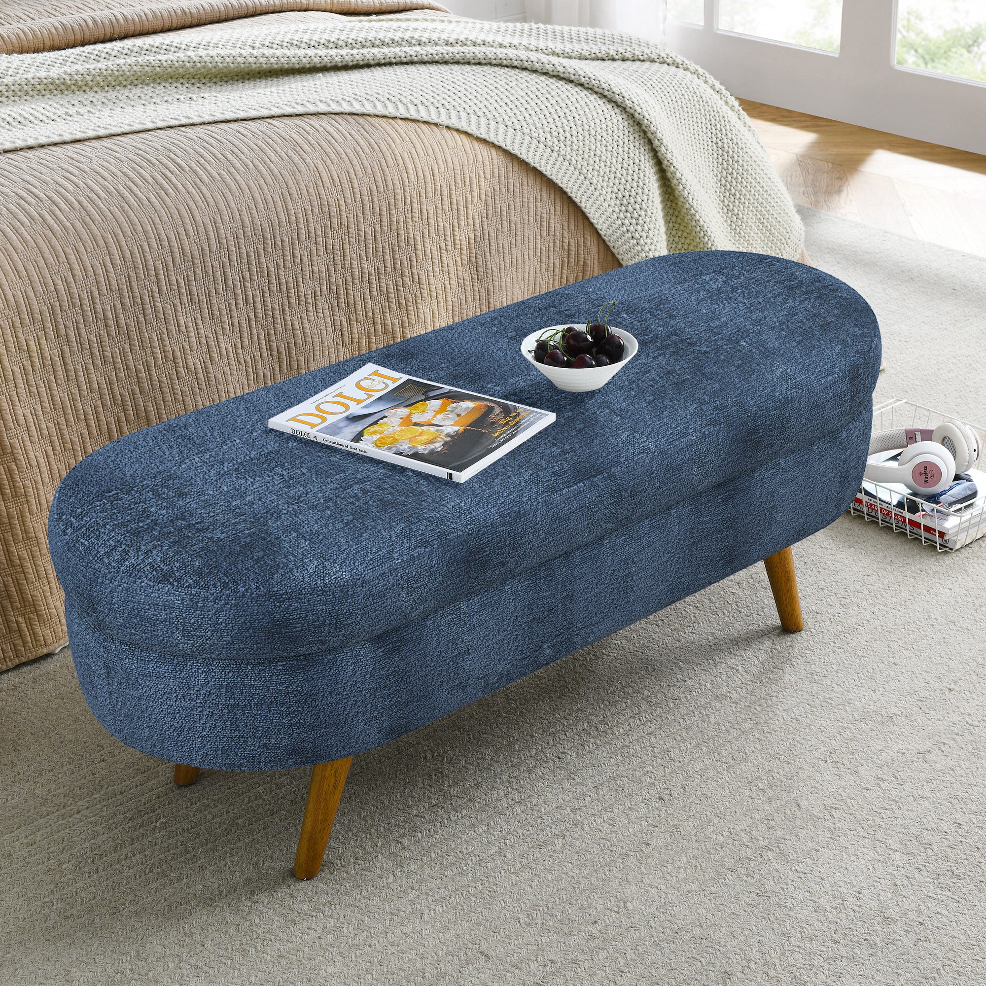 Modern Ottoman Oval Storage Bench with Rubber Wood Legs, Dark Blue Fabric, 43.5'x16'x16' - Grand Goldman Shop