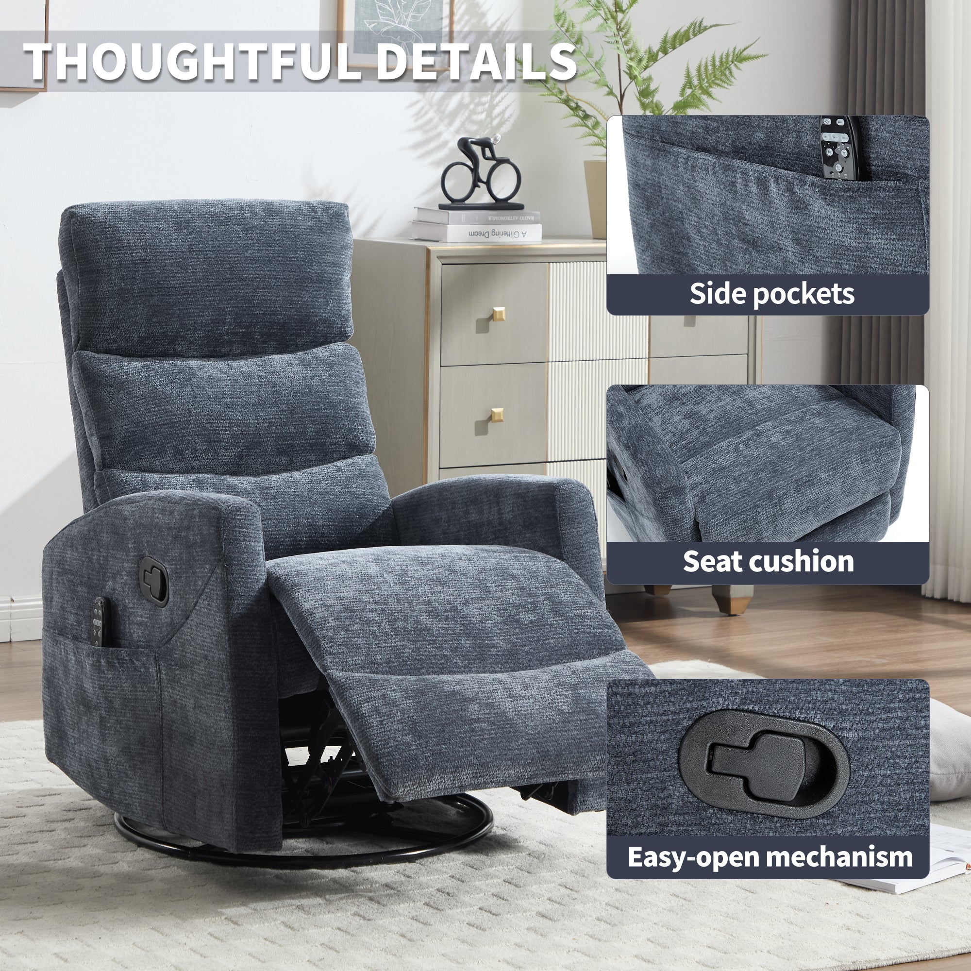 Heat Massage Manual Recliner Chair with Rocker and Swivel in Fabric for Living Room, Blue - Grand Goldman Shop
