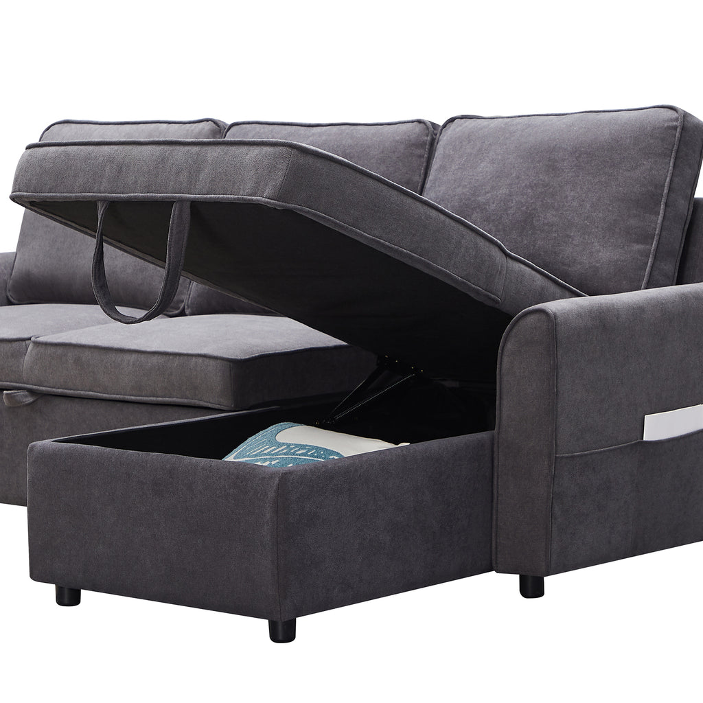 MGEA Modern modular L-shaped sofa bed with chaise longue, reversible sofa bed with pull-out bed and storage, 4-seat linen fabric convertible sofa for living room dark grey - Grand Goldman Shop