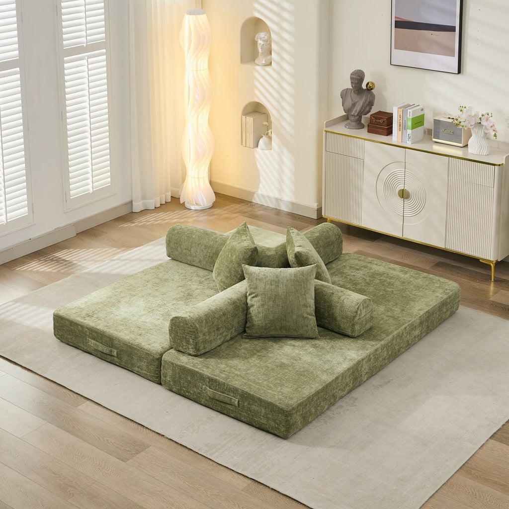 Comfy Convertible Folding Mattress Couch, Floor Sofa Bed, Chenille Floor Sofa with Armrest, Floor Sofa Lounge Couch for Living Room Bedroom Lounge Studio-Green - Grand Goldman Shop