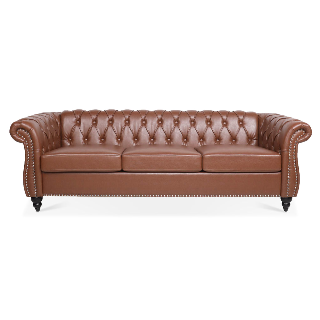 Classic Chesterfield Three Seater Sofa Brown PU Leather with Rolled Arms and Birch Legs 84.65 Inches - Grand Goldman Shop