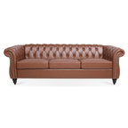 Classic Chesterfield Three Seater Sofa Brown PU Leather with Rolled Arms and Birch Legs 84.65 Inches - Grand Goldman Shop
