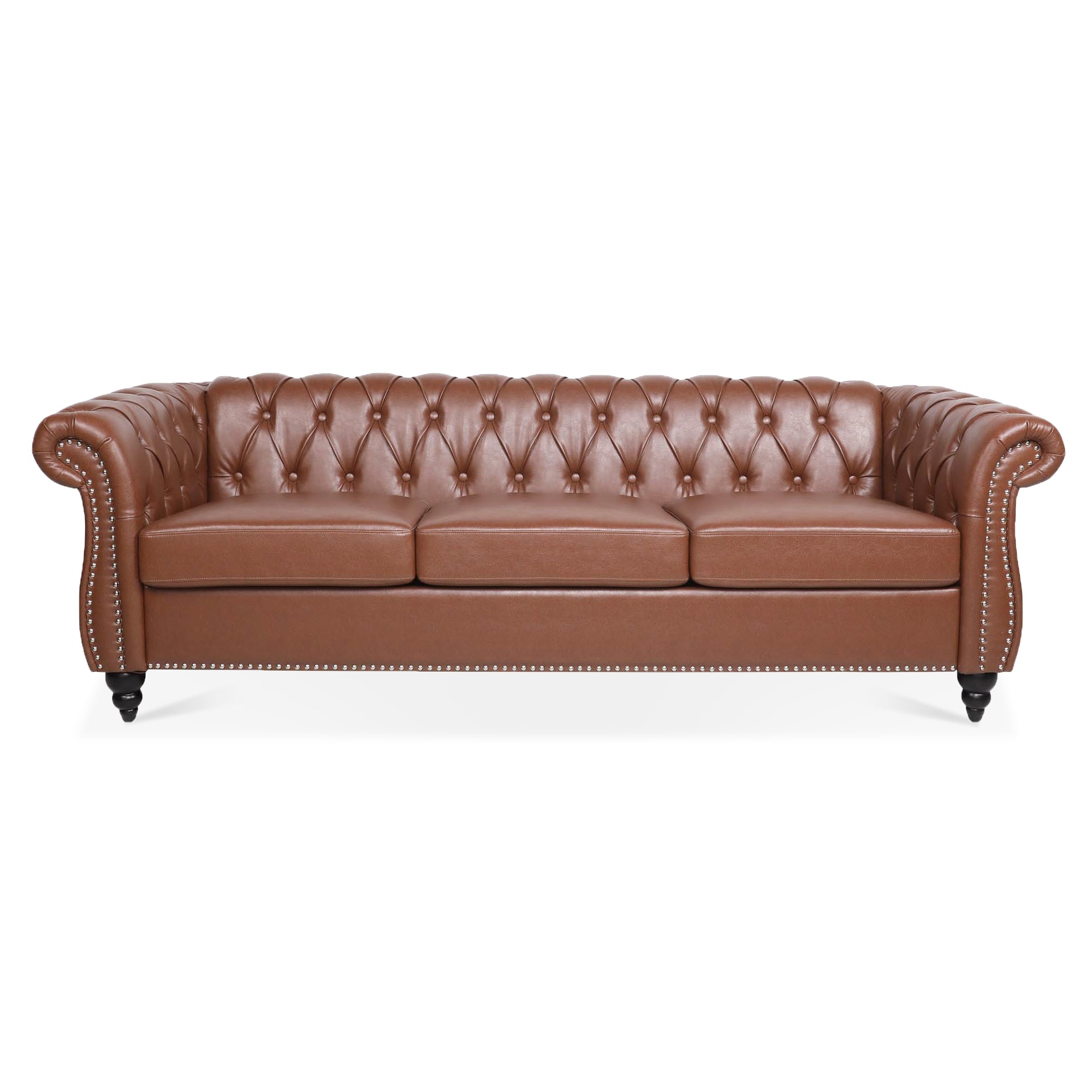 Classic Chesterfield Three Seater Sofa Brown PU Leather with Rolled Arms and Birch Legs 84.65 Inches - Grand Goldman Shop