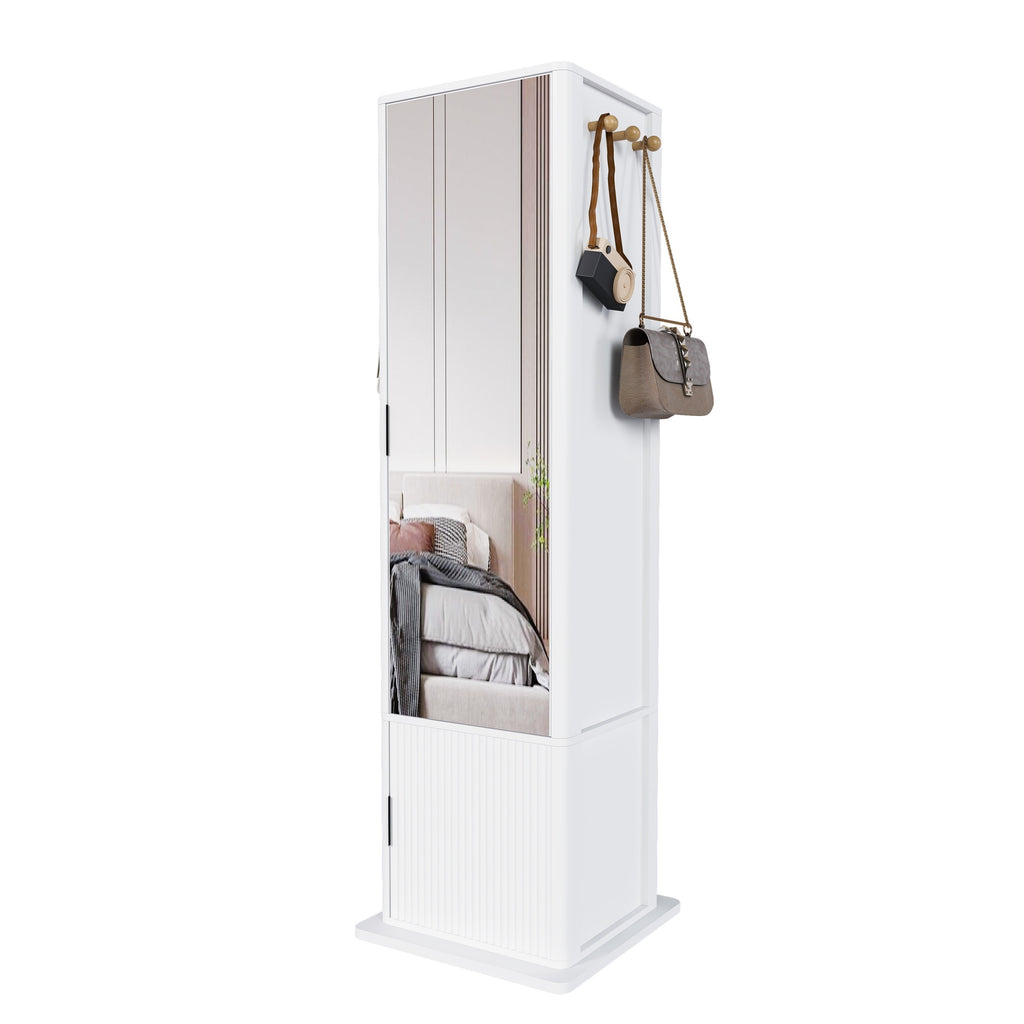 360° Rotating White Makeup Cabinet with Full-Length Mirror, Jewelry Storage, Coat Rack, 4 Open Shelves, 2 Built-In Shelves, MDF and Glass - Grand Goldman Shop