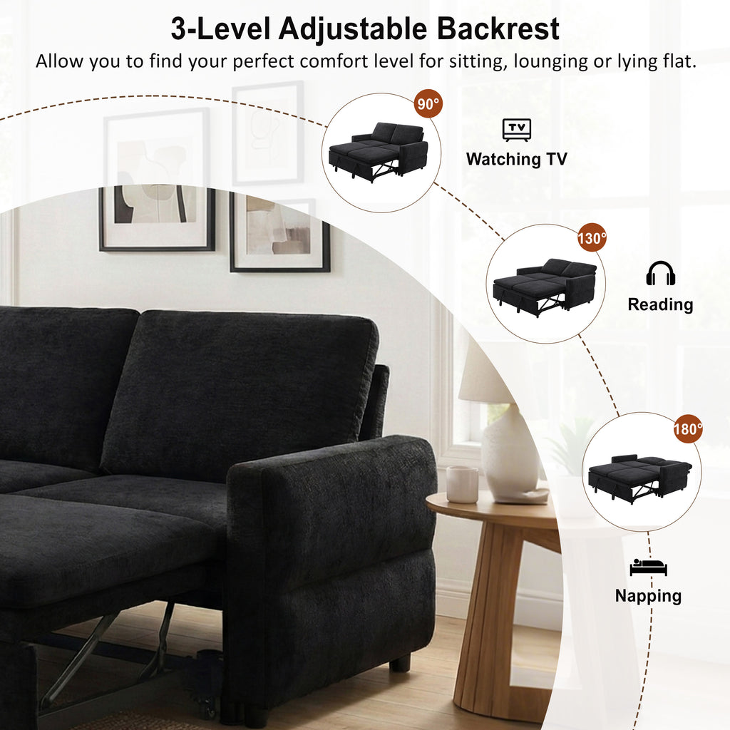 Black Convertible Sofa Bed Loveseat with Adjustable Backrest and USB Ports, 62.75' Chenille Upholstered Couch for Living Room or Small Space - Grand Goldman Shop