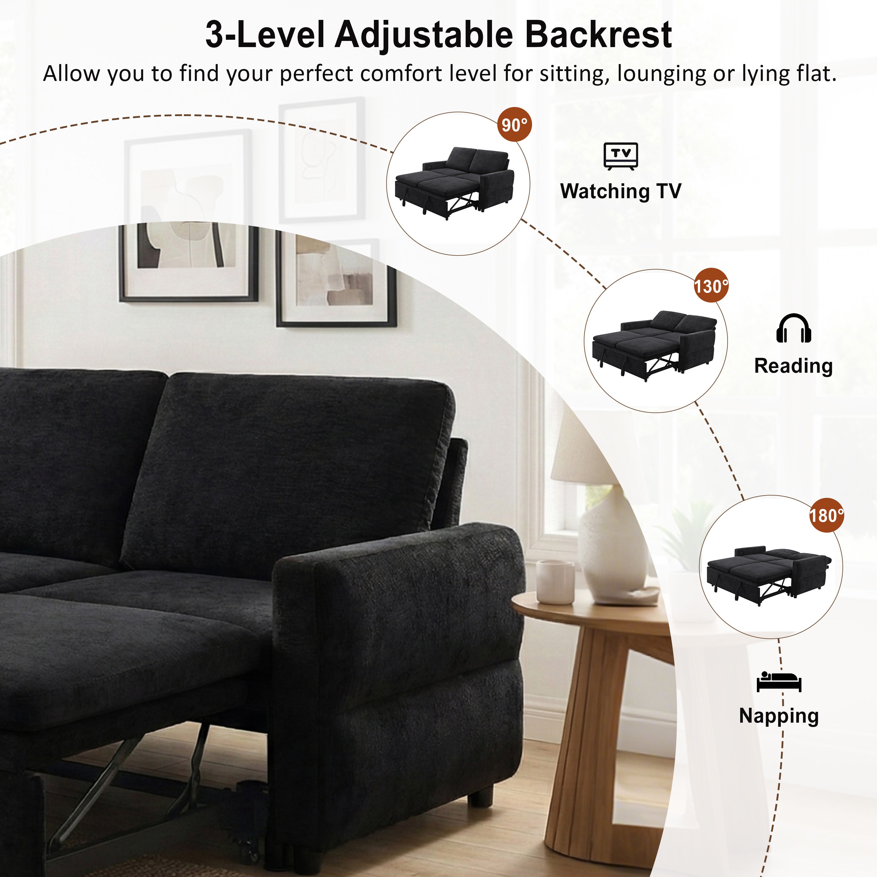 Black Convertible Sofa Bed Loveseat with Adjustable Backrest and USB Ports, 62.75' Chenille Upholstered Couch for Living Room or Small Space - Grand Goldman Shop