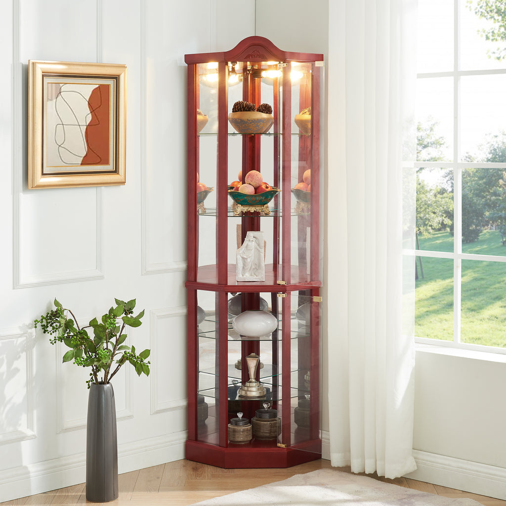 Glass Cabinet Lighted Corner Cabinet Corner Display Curio Cabinet, Glass Display With Light(Included)Bar Cabinet,Wine Cabinet with Adjustable Glass Shelves Carved Decoration Cherry Light(Included) - Grand Goldman Shop