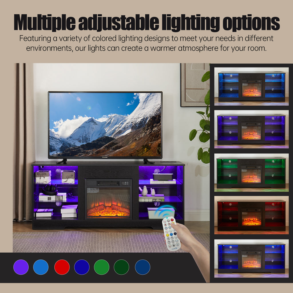 TV Stand Electric Fireplace TV Stand with Glass Shelves, 3D Fireplace TV Stand with LED Lights Wood with USB Charging Outlet Modern Television Table Center for TV up to 32-62' Black 58''W*15.4''D*24.6 - Grand Goldman Shop