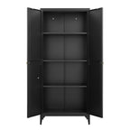 Black Metal Adjustable 2-Door Kitchen Pantry Cabinet with Striped Design and Gold Handles, Tall Steel Storage Locker for Kitc