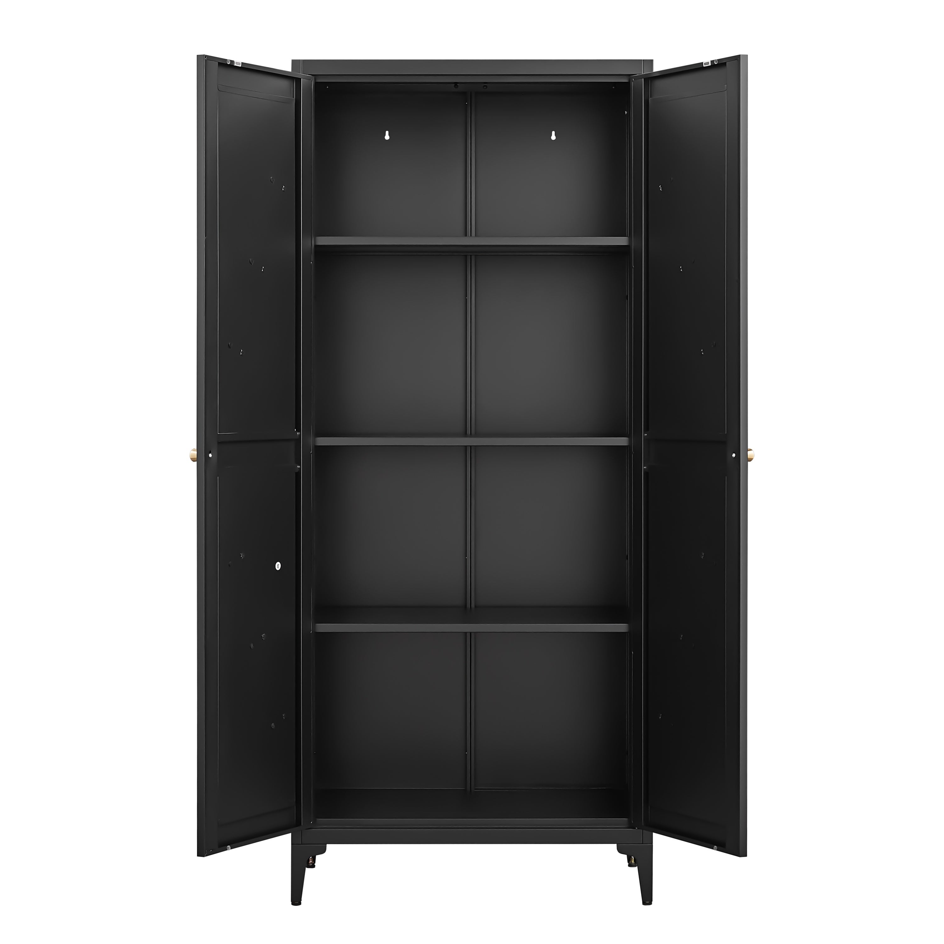 Black Metal Adjustable 2-Door Kitchen Pantry Cabinet with Striped Design and Gold Handles, Tall Steel Storage Locker for Kitc