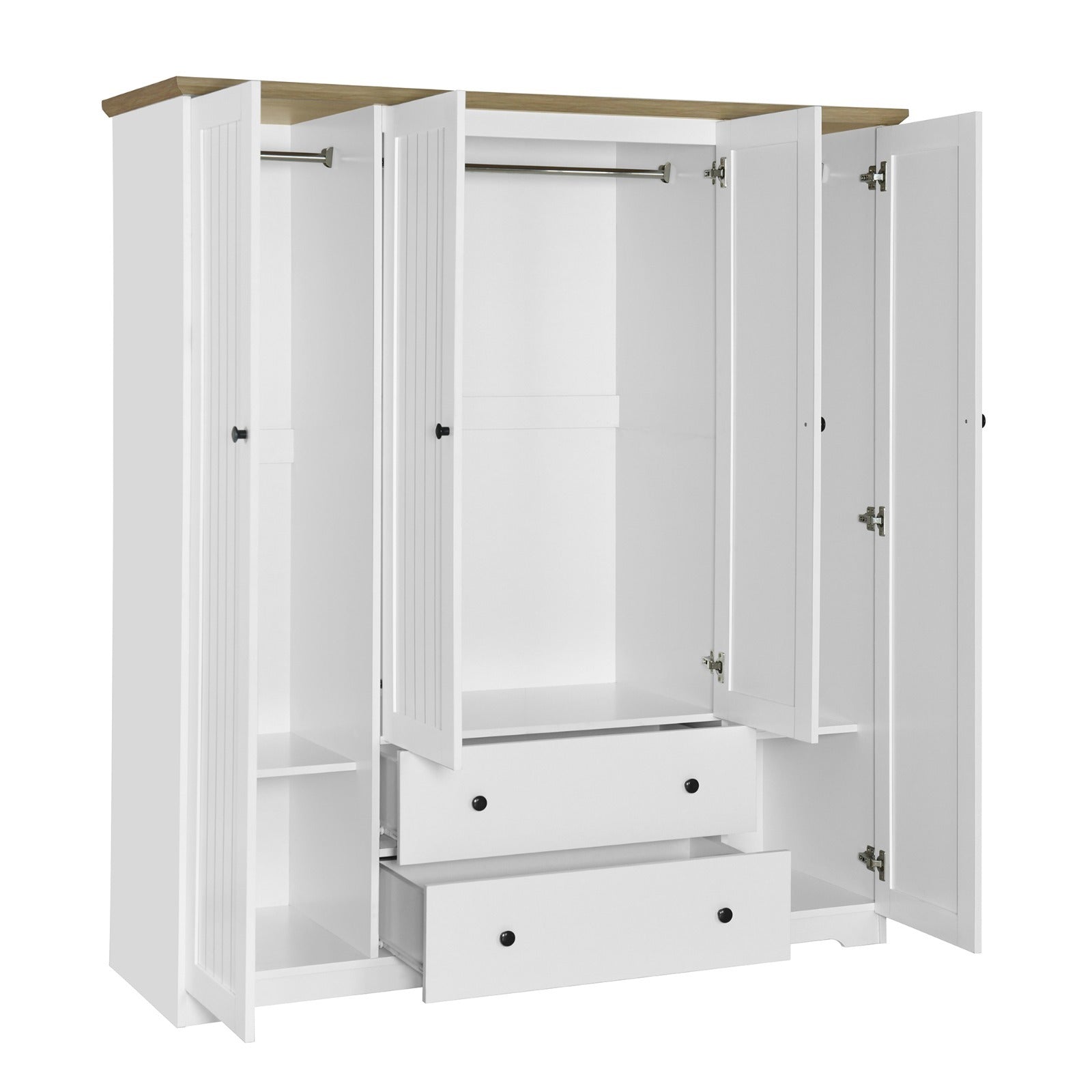 White 4 Door Wardrobe Armoire with 2 Drawers, Pine Wood + MDF, 60.6''L x 20.8''W x 68.5''H - Grand Goldman Shop