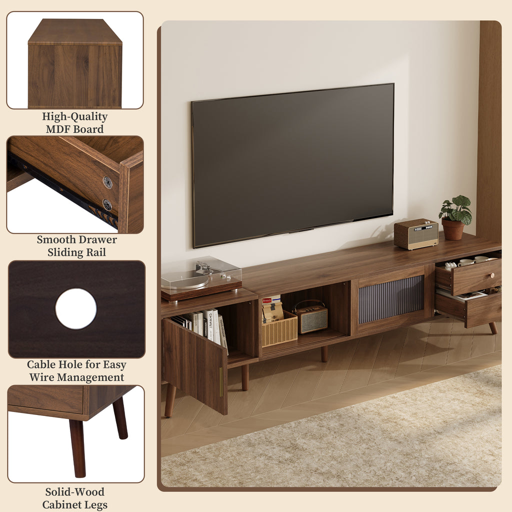 76' Modern Minimal Glass-Doors TV Stand for TVs up to 85 Inches, Wood-Grain Entertainment Center with Storage Cabinets, TV Media Console Table for Living Room, Bedroom - Grand Goldman Shop
