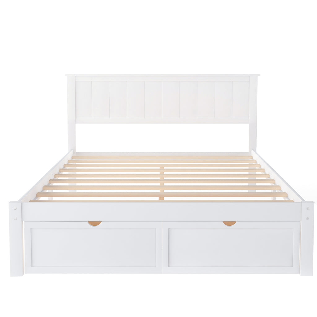 White Full Size Platform Bed with Under-bed Drawers, Solid Pine Wood and MDF, 78.3''L x 58.5''W x 36.2''H - Grand Goldman Shop