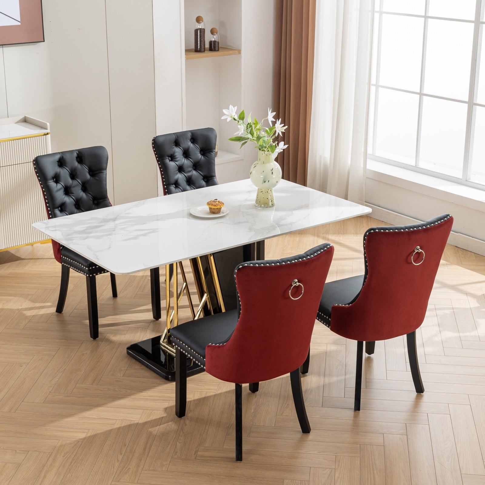A&A Furniture, Nikki Collection Modern, High-end Tufted Solid Wood Contemporary PU and Velvet Upholstered Dining Chair with Wood Legs Nailhead Trim  2-Pcs Set, Black+WineRed, Burgundy,SW2101BW - Grand Goldman Shop