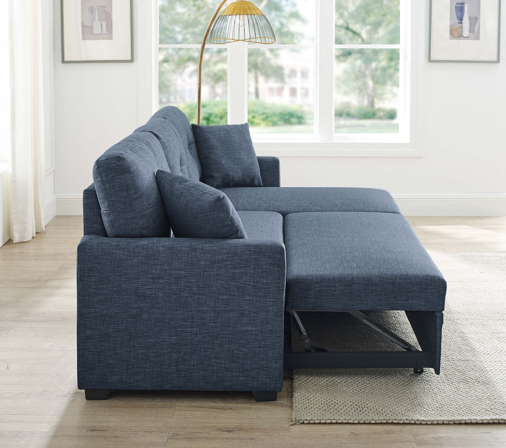 76.5' Linen Blend Upholstered Sectional with Pull-Out Bed and Chaise Storage - Grand Goldman Shop