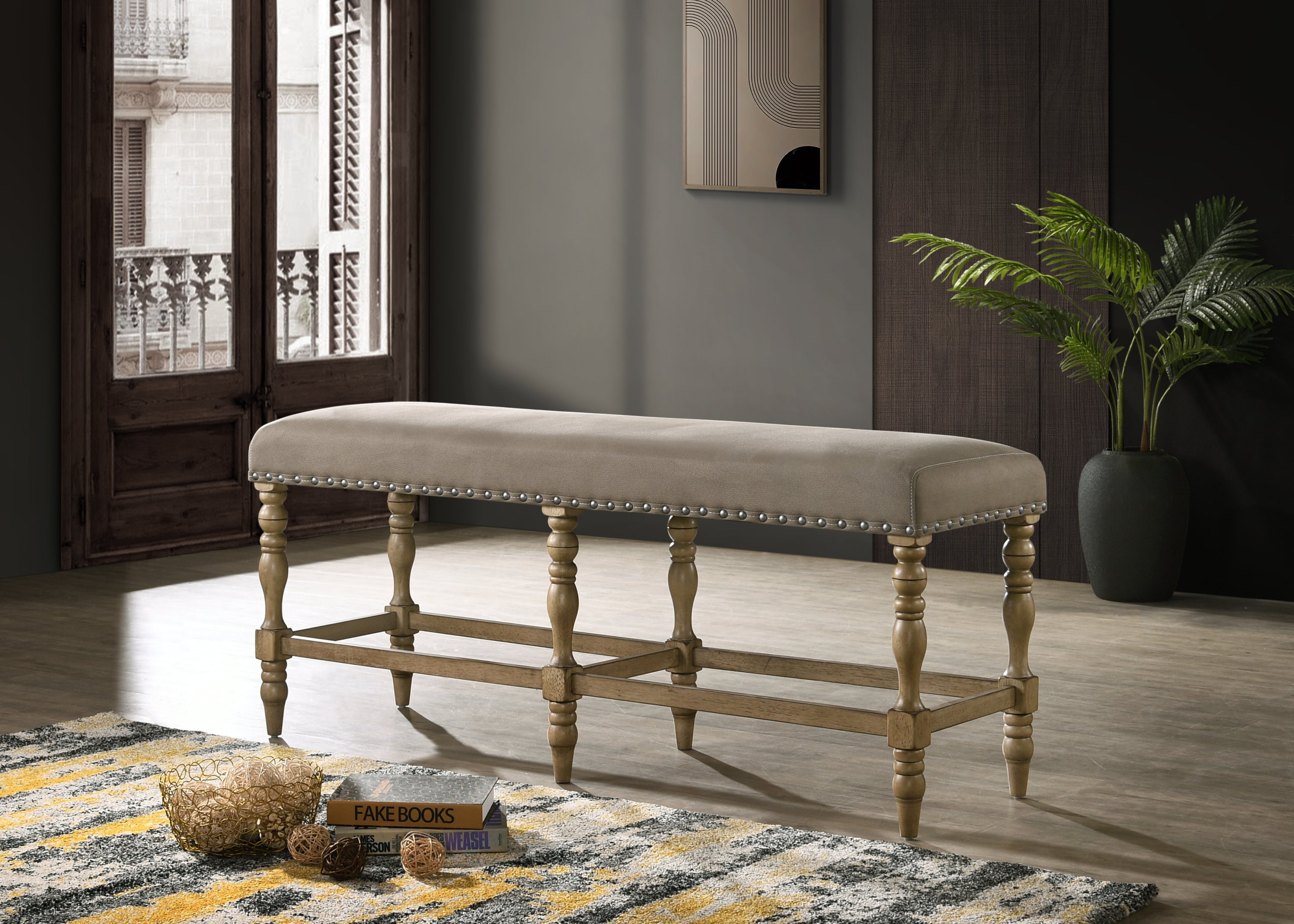 Birmingham Microfiber Upholstered Counter Height Bench with Nail Head Trim in Driftwood Finish - Grand Goldman Shop