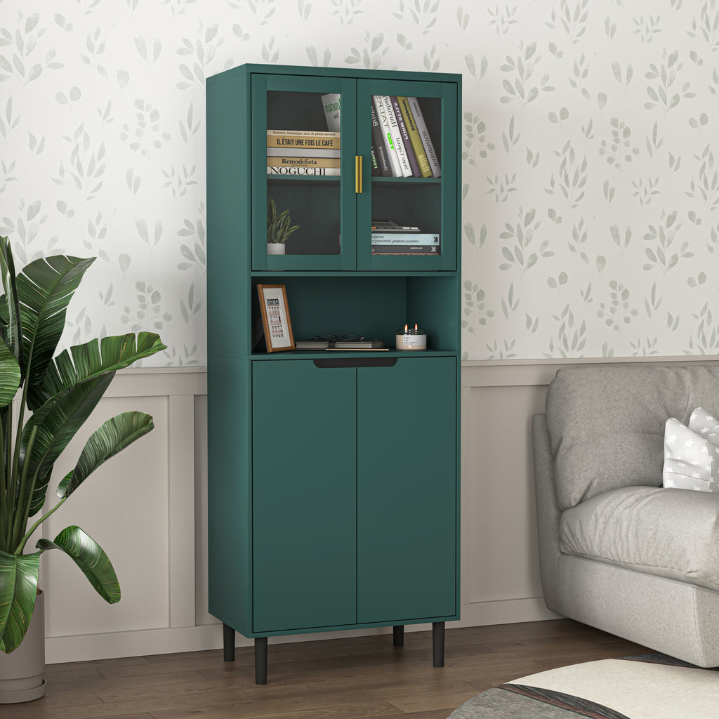 Tempered Glass Door Tall Storage Bookcase with adjustable board, 4 doors MDF painting finished cabinet, Green, Living room Bedroom storage - Grand Goldman Shop