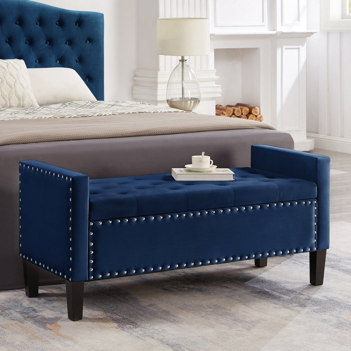 Upholstered Tufted Button Storage Bench with nails trim,Entryway Living Room Soft Padded Seat with Armrest,Bed Bench -Navy - Grand Goldman Shop