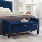 Upholstered Tufted Button Storage Bench with nails trim,Entryway Living Room Soft Padded Seat with Armrest,Bed Bench -Navy - Grand Goldman Shop