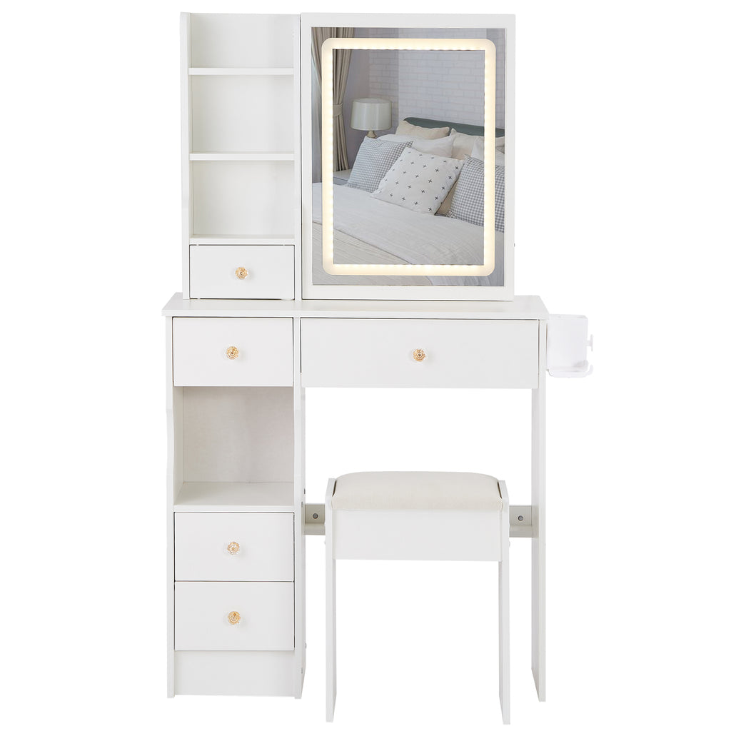29.2' Small Size Left Drawer Desktop Vanity Table + Cushioned Stool, 2 AC+2 USB Power Station, Hair dryer bracket, Extra Large Touch Control Sliding LED Mirror, Tri-color Switching, Brightness Adjust - Grand Goldman Shop