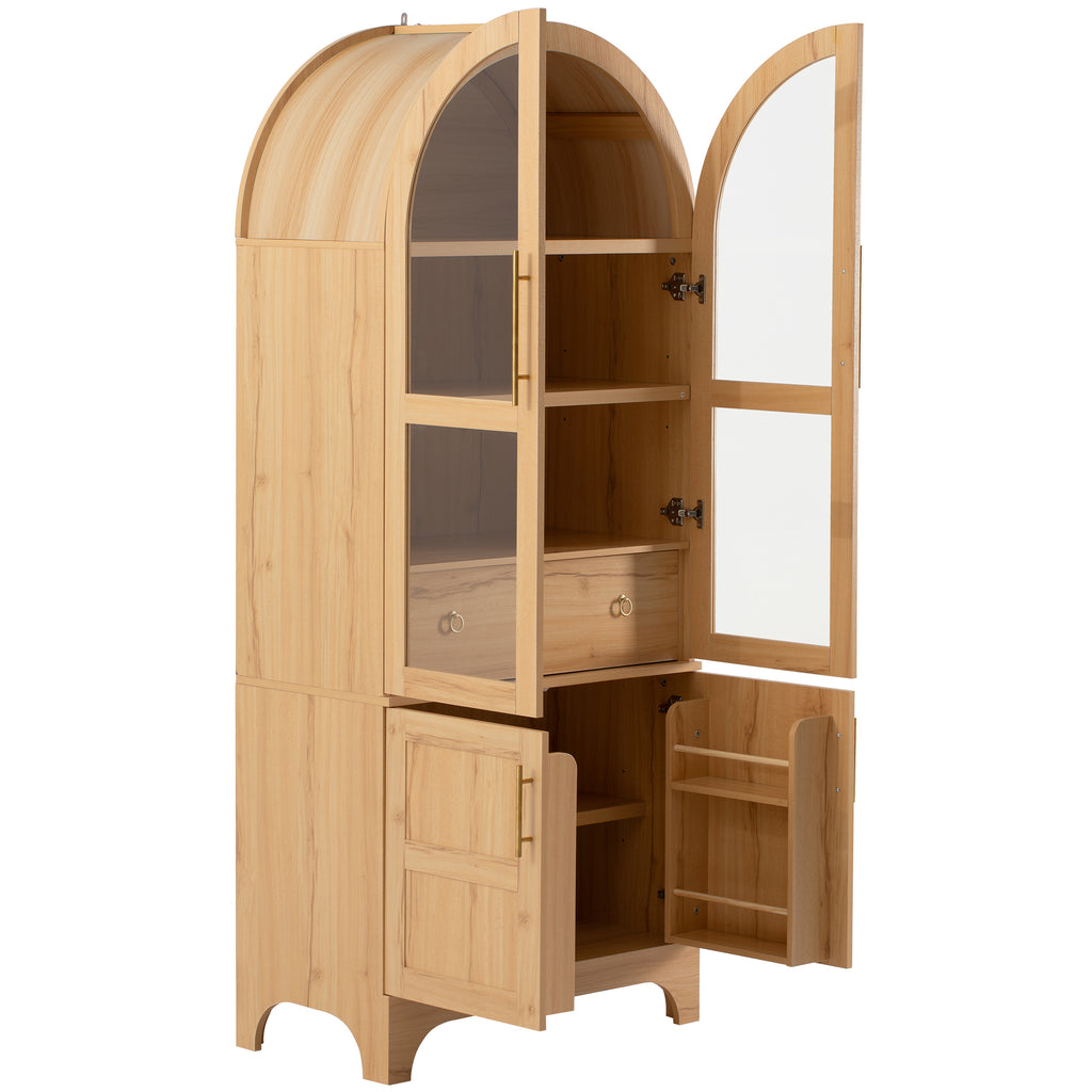 K&K 71' Tall Arched Kitchen Pantry Cabinet with Door Shelves, Farmhouse Kitchen Storage Cabinet with Open & Adjustable Shelves, Hidden Drawer & Glass Door, Cupboard for Kitchen, Dining Room, Natural - Grand Goldman Shop